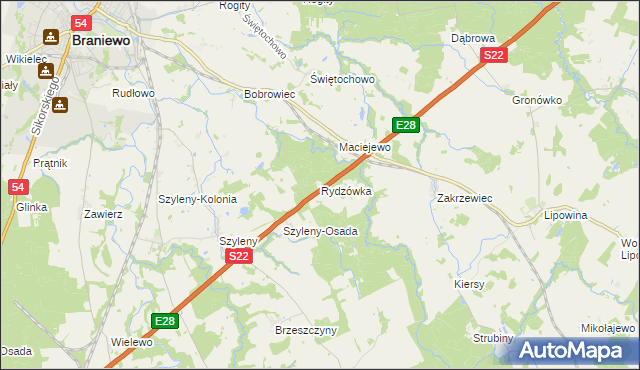 mapa Rydzówka gmina Braniewo, Rydzówka gmina Braniewo na mapie Targeo