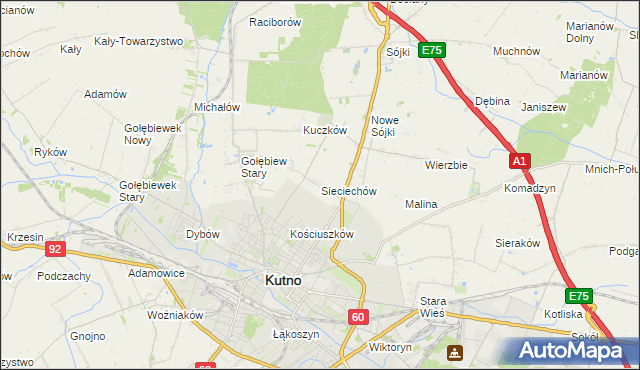 mapa Sieciechów gmina Kutno, Sieciechów gmina Kutno na mapie Targeo