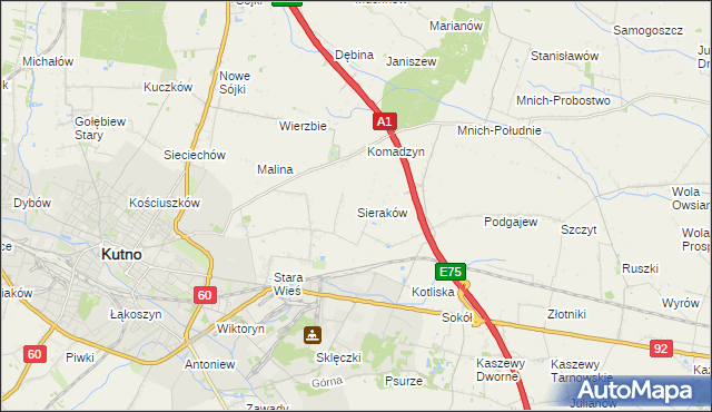 mapa Sieraków gmina Kutno, Sieraków gmina Kutno na mapie Targeo