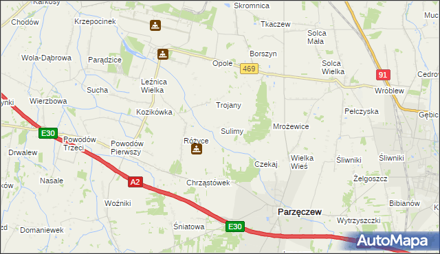 mapa Sulimy gmina Parzęczew, Sulimy gmina Parzęczew na mapie Targeo