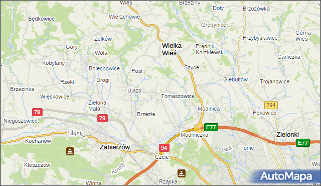 mapa Tomaszowice gmina Wielka Wieś, Tomaszowice gmina Wielka Wieś na mapie Targeo