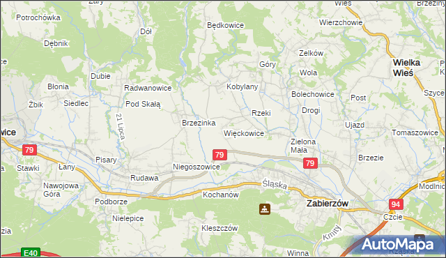 mapa Więckowice gmina Zabierzów, Więckowice gmina Zabierzów na mapie Targeo