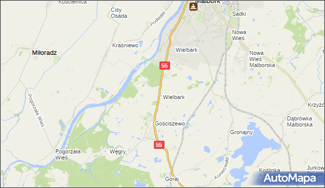 mapa Wielbark gmina Malbork, Wielbark gmina Malbork na mapie Targeo