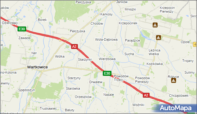 mapa Wierzbowa gmina Wartkowice, Wierzbowa gmina Wartkowice na mapie Targeo