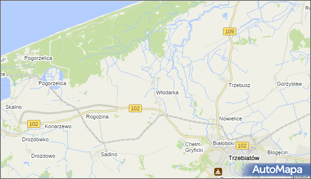 mapa Włodarka gmina Trzebiatów, Włodarka gmina Trzebiatów na mapie Targeo