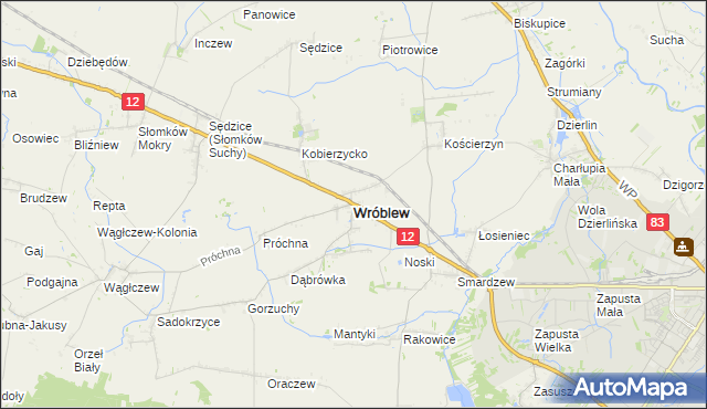 mapa Wróblew powiat sieradzki, Wróblew powiat sieradzki na mapie Targeo