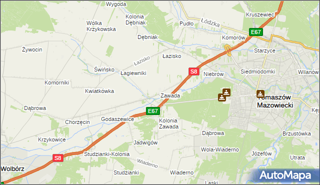 mapa Zawada gmina Tomaszów Mazowiecki, Zawada gmina Tomaszów Mazowiecki na mapie Targeo