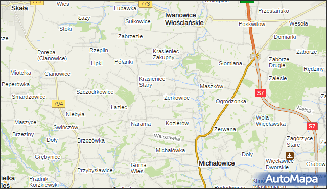 mapa Żerkowice gmina Iwanowice, Żerkowice gmina Iwanowice na mapie Targeo