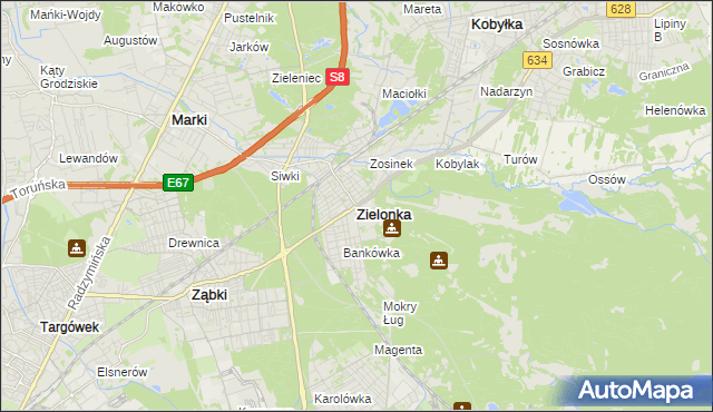 mapa Zielonka powiat wołomiński, Zielonka powiat wołomiński na mapie Targeo