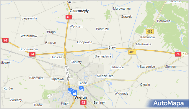 mapa Bieniądzice, Bieniądzice na mapie Targeo
