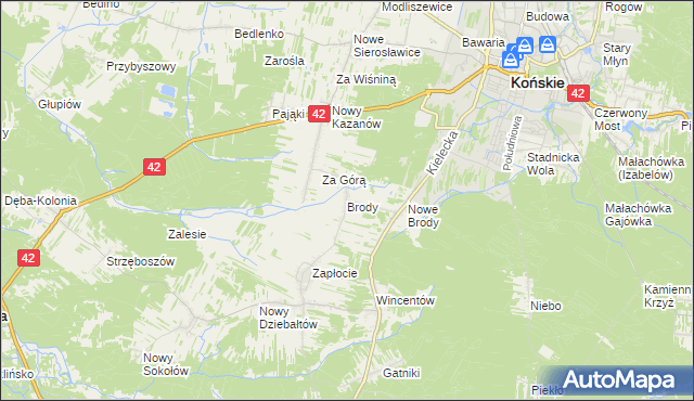 mapa Brody gmina Końskie, Brody gmina Końskie na mapie Targeo