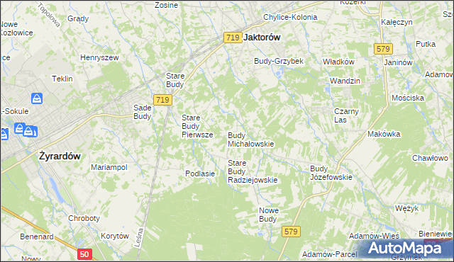 mapa Budy Michałowskie gmina Jaktorów, Budy Michałowskie gmina Jaktorów na mapie Targeo