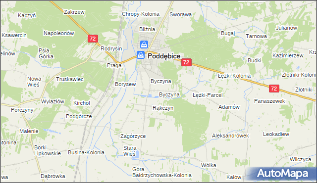mapa Byczyna gmina Poddębice, Byczyna gmina Poddębice na mapie Targeo