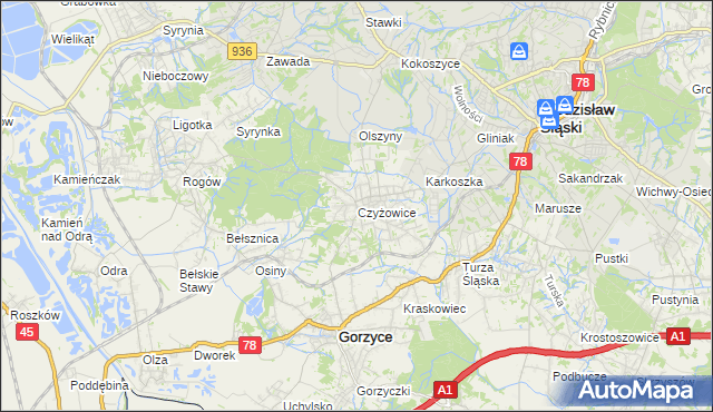 mapa Czyżowice gmina Gorzyce, Czyżowice gmina Gorzyce na mapie Targeo