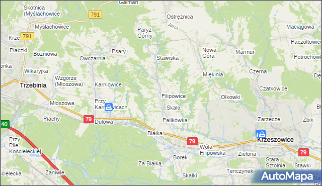 mapa Filipowice gmina Krzeszowice, Filipowice gmina Krzeszowice na mapie Targeo