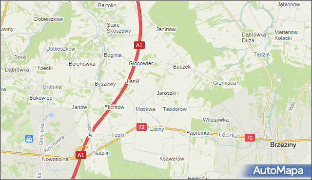 mapa Jaroszki gmina Brzeziny, Jaroszki gmina Brzeziny na mapie Targeo