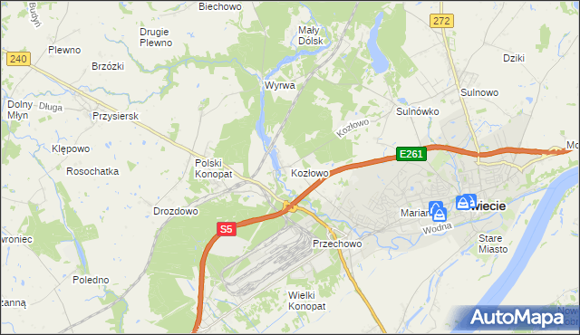 mapa Kozłowo gmina Świecie, Kozłowo gmina Świecie na mapie Targeo