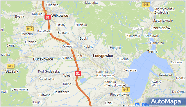 mapa Łodygowice powiat żywiecki, Łodygowice powiat żywiecki na mapie Targeo