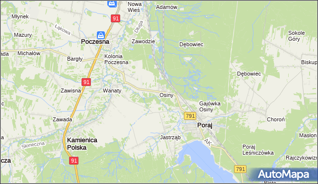 mapa Osiny gmina Kamienica Polska, Osiny gmina Kamienica Polska na mapie Targeo