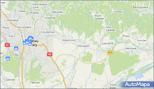 mapa Ostrowsko gmina Nowy Targ, Ostrowsko gmina Nowy Targ na mapie Targeo