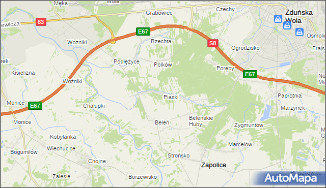 mapa Piaski gmina Zduńska Wola, Piaski gmina Zduńska Wola na mapie Targeo