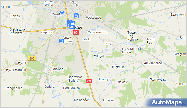 mapa Podgaj gmina Łuków, Podgaj gmina Łuków na mapie Targeo