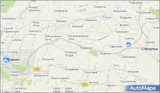 mapa Podlesice gmina Charsznica, Podlesice gmina Charsznica na mapie Targeo