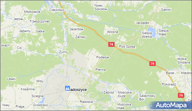 mapa Podlesie gmina Radoszyce, Podlesie gmina Radoszyce na mapie Targeo