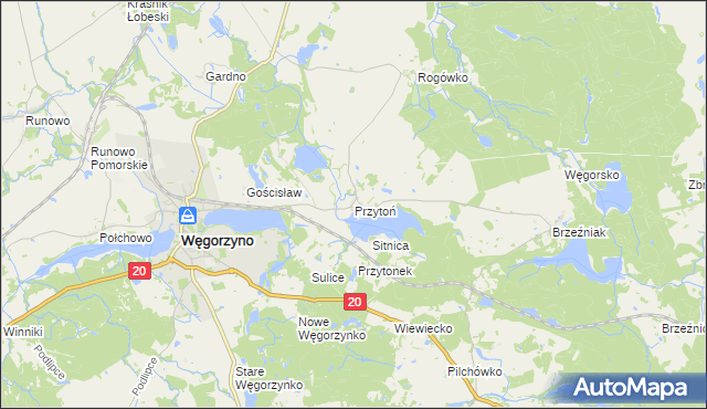 mapa Przytoń gmina Węgorzyno, Przytoń gmina Węgorzyno na mapie Targeo