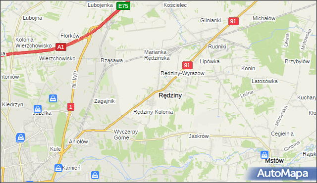 mapa Rędziny powiat częstochowski, Rędziny powiat częstochowski na mapie Targeo