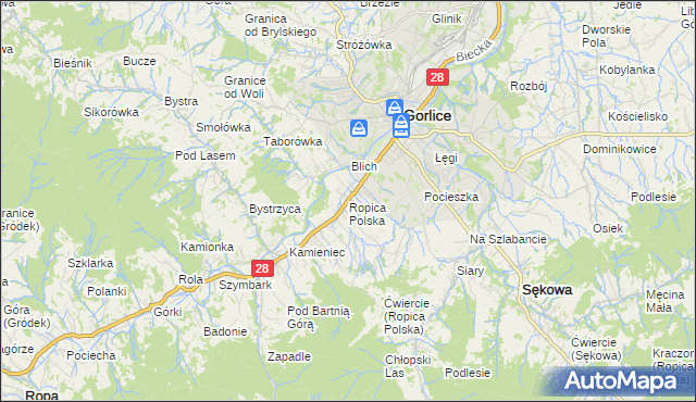 mapa Ropica Polska, Ropica Polska na mapie Targeo