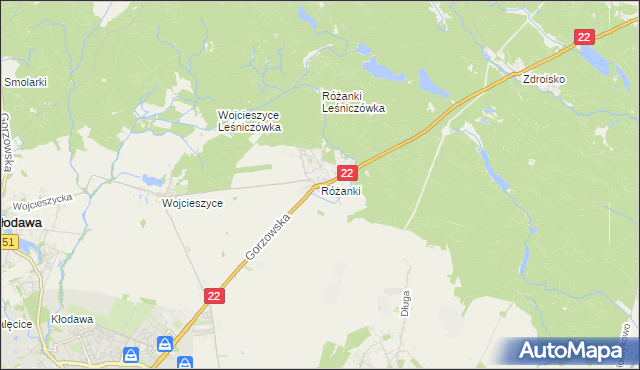 mapa Różanki gmina Kłodawa, Różanki gmina Kłodawa na mapie Targeo