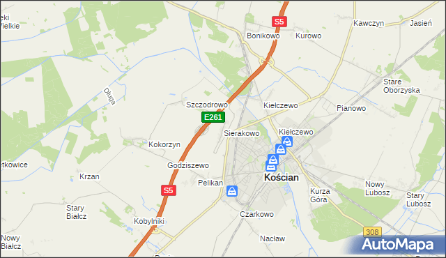 mapa Sierakowo gmina Kościan, Sierakowo gmina Kościan na mapie Targeo