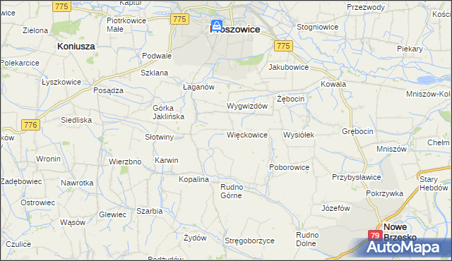 mapa Więckowice gmina Proszowice, Więckowice gmina Proszowice na mapie Targeo