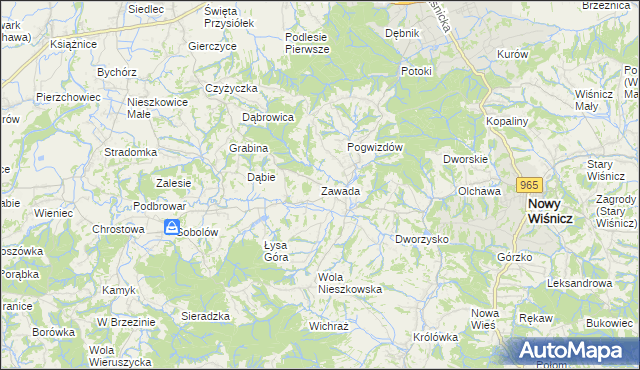 mapa Zawada gmina Bochnia, Zawada gmina Bochnia na mapie Targeo