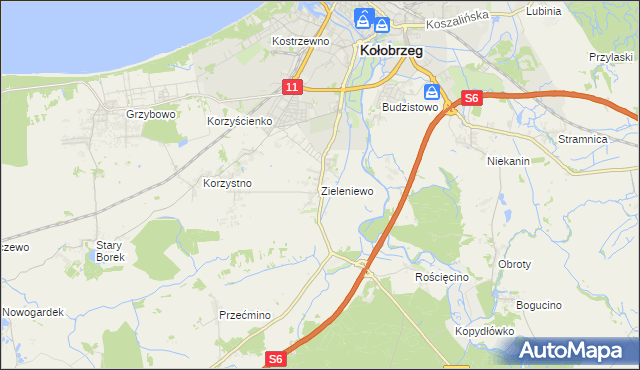 mapa Zieleniewo gmina Kołobrzeg, Zieleniewo gmina Kołobrzeg na mapie Targeo