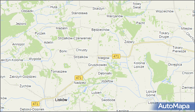 mapa Małgów gmina Lisków, Małgów gmina Lisków na mapie Targeo