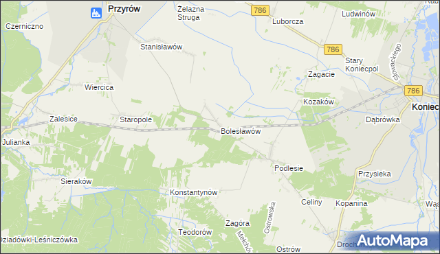 mapa Bolesławów gmina Przyrów, Bolesławów gmina Przyrów na mapie Targeo