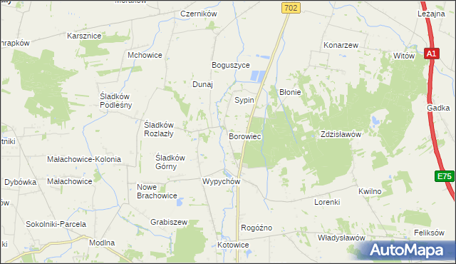 mapa Borowiec gmina Piątek, Borowiec gmina Piątek na mapie Targeo