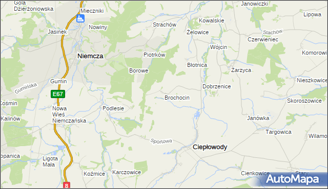 mapa Brochocin gmina Ciepłowody, Brochocin gmina Ciepłowody na mapie Targeo