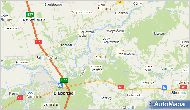 mapa Brzeźce gmina Białobrzegi, Brzeźce gmina Białobrzegi na mapie Targeo