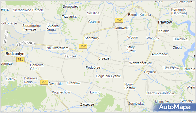 mapa Brzezie gmina Pawłów, Brzezie gmina Pawłów na mapie Targeo