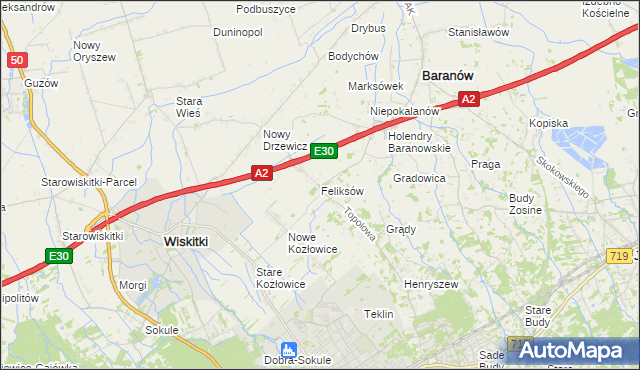 mapa Feliksów gmina Wiskitki, Feliksów gmina Wiskitki na mapie Targeo