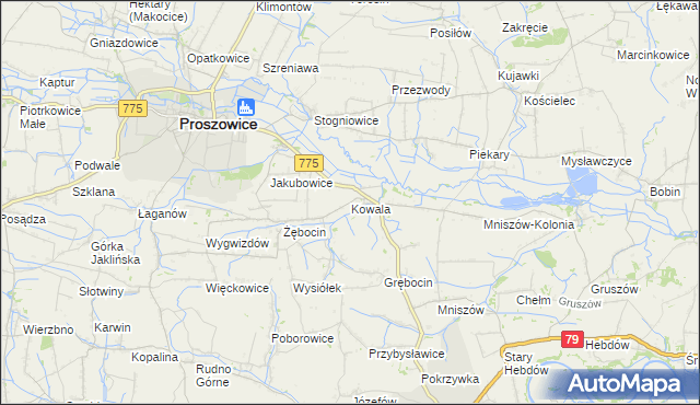 mapa Kowala gmina Proszowice, Kowala gmina Proszowice na mapie Targeo