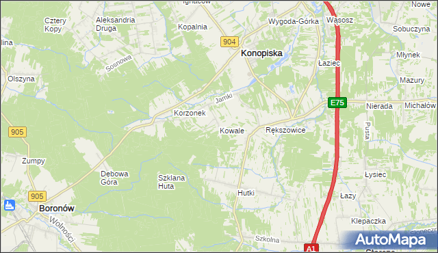 mapa Kowale gmina Konopiska, Kowale gmina Konopiska na mapie Targeo