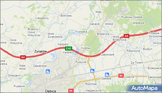 mapa Kozłów gmina Dębica, Kozłów gmina Dębica na mapie Targeo