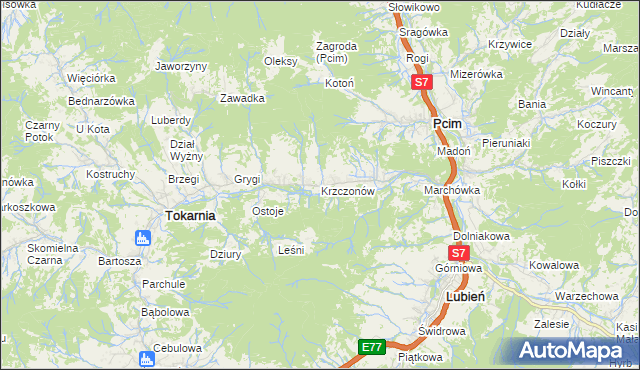 mapa Krzczonów gmina Tokarnia, Krzczonów gmina Tokarnia na mapie Targeo