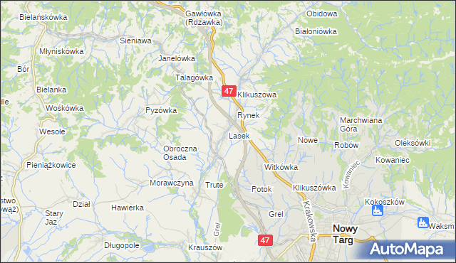 mapa Lasek gmina Nowy Targ, Lasek gmina Nowy Targ na mapie Targeo