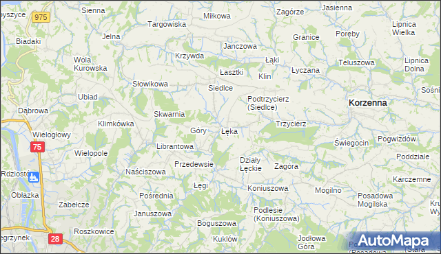 mapa Łęka gmina Korzenna, Łęka gmina Korzenna na mapie Targeo