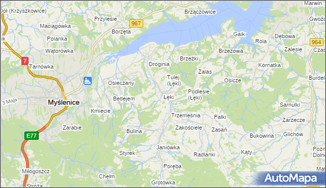 mapa Łęki gmina Myślenice, Łęki gmina Myślenice na mapie Targeo